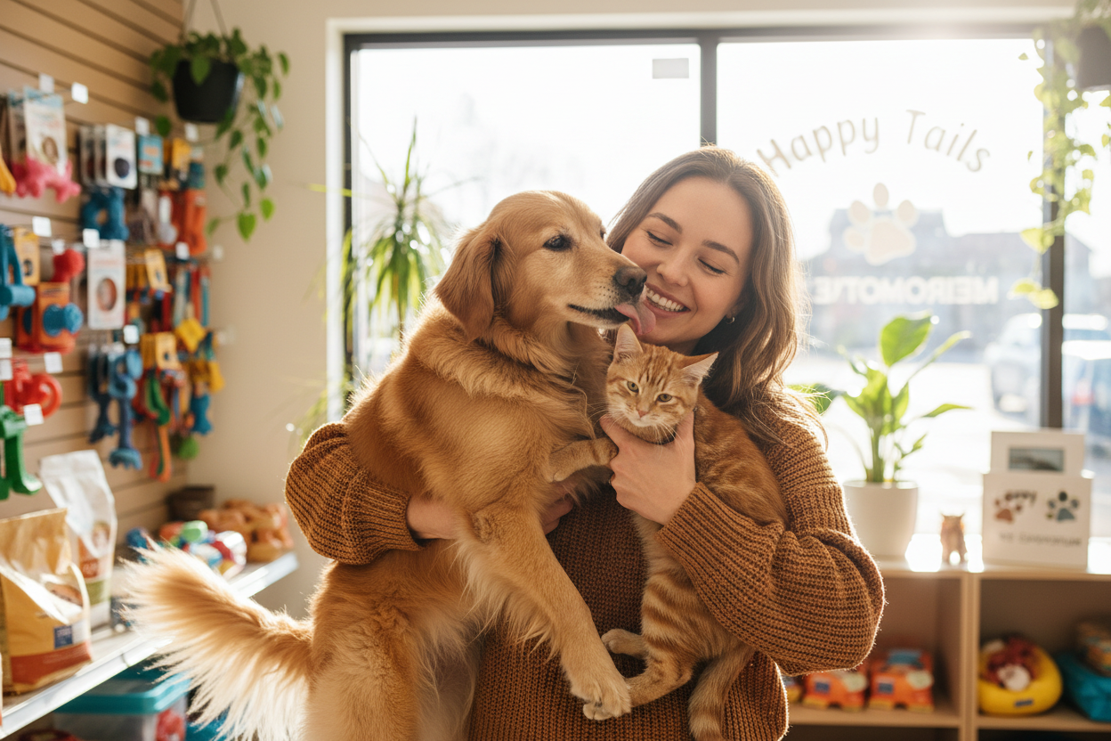 I need an image for a pet shop, anything like someone happy with his dog or cat